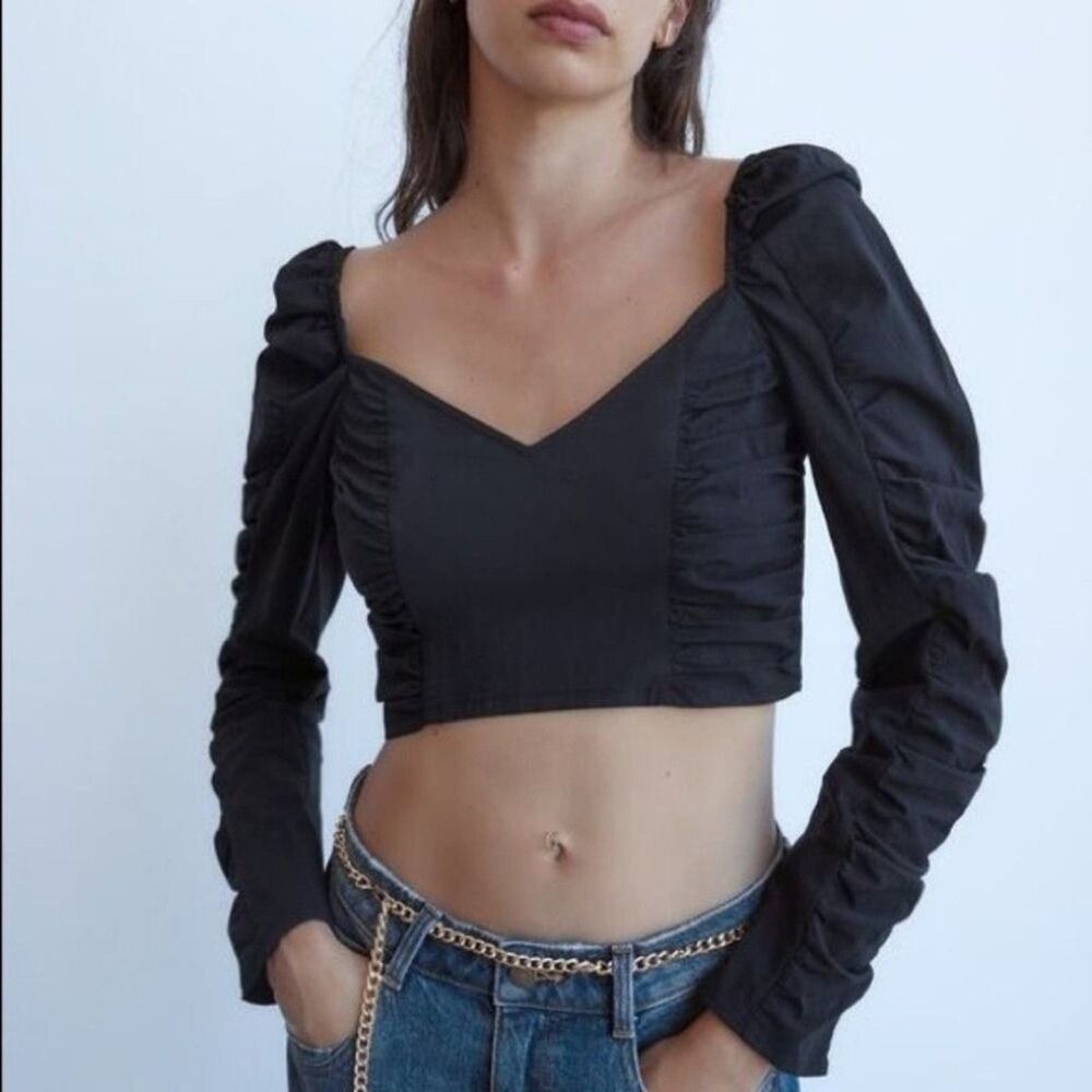 Zara crop top black ruched long sleeves elastic waist size Small